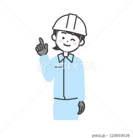 指を立ててウインクする作業服を着てヘルメットをかぶった女性のイラスト 指を立ててウインクする作業服を着てヘルメットをかぶった女性のイラスト 128659526