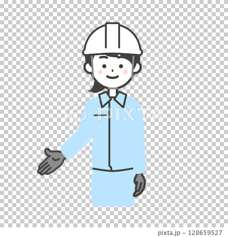 Illustration of a woman wearing work clothes and a helmet pointing downwards 128659527