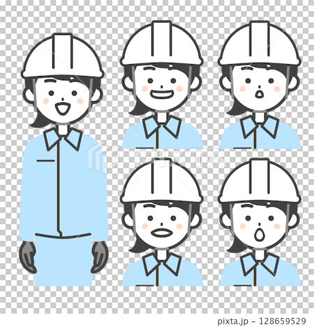 圖：一名身穿工作服、戴著頭盔、嘴巴形像日字母的女性 128659529