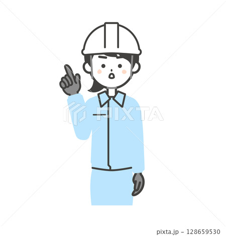 指を立てて真剣な表情をする作業服を着てヘルメットをかぶった女性のイラスト 128659530