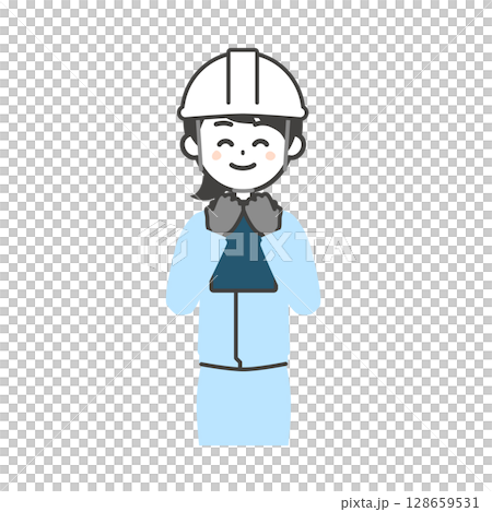 Illustration of a woman wearing work clothes and a helmet holding documents 128659531