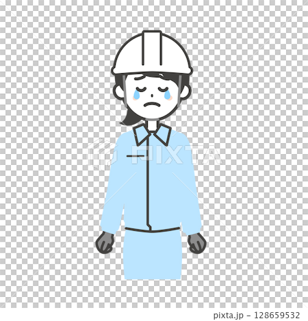 Illustration of a woman wearing work clothes and a helmet shedding tears Illustration of a woman wearing work clothes and a helmet shedding tears 128659532