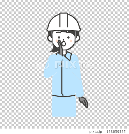 一名身穿工作服、頭戴頭盔、用一隻手摀住嘴巴打電話的婦女的插圖 128659535