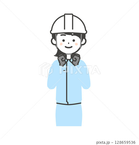 両手を体の前で握る作業服を着てヘルメットをかぶった女性のイラスト 128659536
