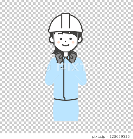 圖：一名身穿工作服、頭戴頭盔、雙手放在身體前方的婦女 128659536