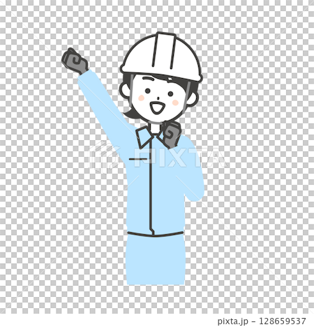 Illustration of a woman wearing work clothes and a helmet making a fist pump Illustration of a woman wearing work clothes and a helmet making a fist pump 128659537