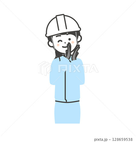 ウインクしながら拍手を送る作業服を着てヘルメットをかぶった女性のイラスト 128659538