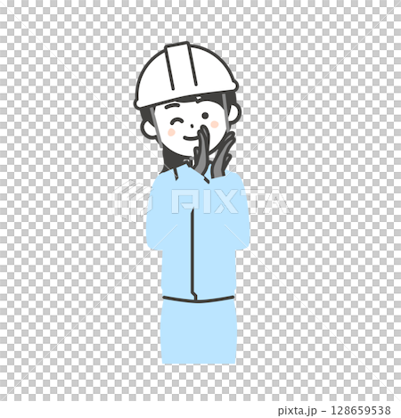 一名身穿工作服、戴著頭盔的女性一邊眨眼一邊鼓掌的插圖 一名身穿工作服、戴著頭盔的女性一邊眨眼一邊鼓掌的插圖 128659538