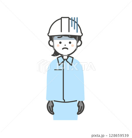 落ち込む作業服を着てヘルメットをかぶった女性のイラスト 128659539