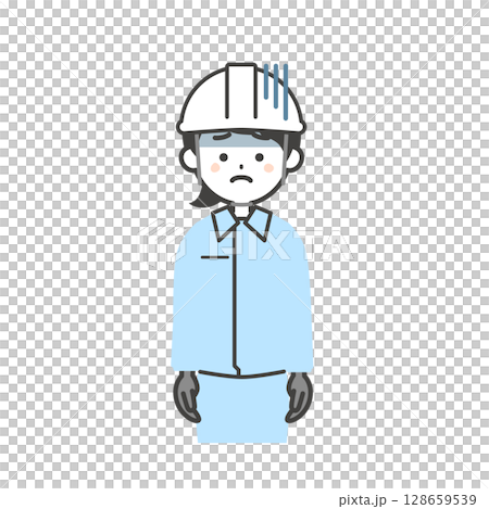 一名身穿工作服、戴著頭盔、心情低落的婦女的插圖 128659539