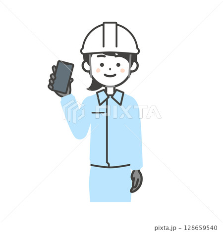 スマホを持つ作業服を着てヘルメットをかぶった女性のイラスト 128659540