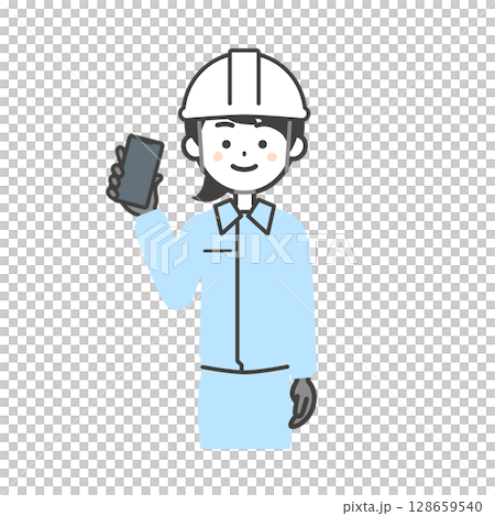 スマホを持つ作業服を着てヘルメットをかぶった女性のイラスト 128659540