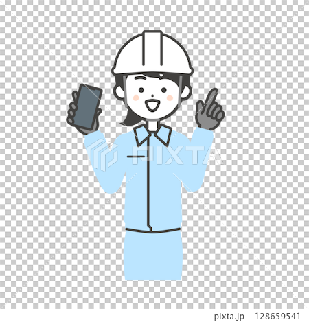 Illustration of a woman wearing work clothes and a helmet holding a smartphone and pointing up Illustration of a woman wearing work clothes and a helmet holding a smartphone and pointing up 128659541