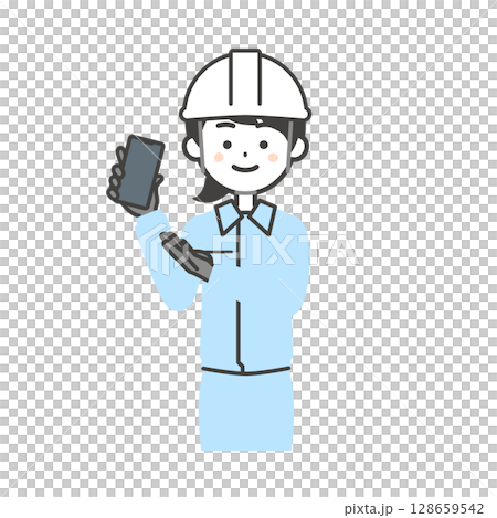 Illustration of a woman wearing work clothes and a helmet pointing at a smartphone 128659542