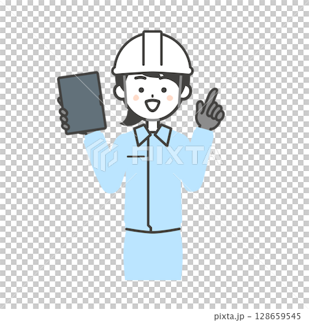 圖：一位身穿工作服、頭戴頭盔的女士手持平板電腦並指向上方 128659545