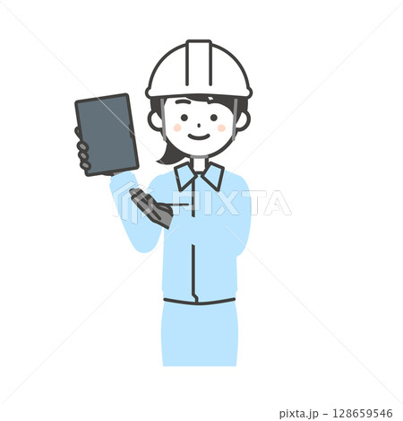 手に持ったタブレットを指す作業服を着てヘルメットをかぶった女性のイラスト 手に持ったタブレットを指す作業服を着てヘルメットをかぶった女性のイラスト 128659546