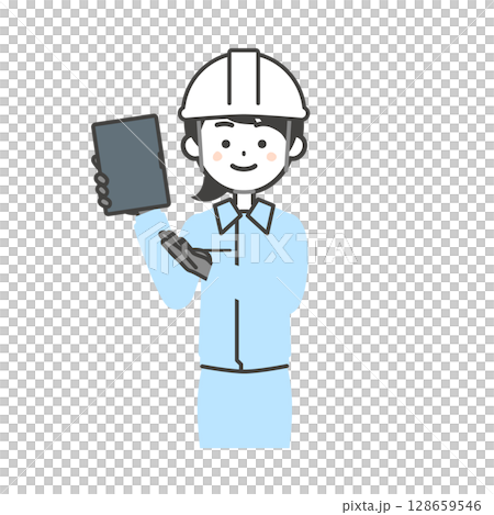 Illustration of a woman wearing work clothes and a helmet pointing at a tablet in her hand 128659546