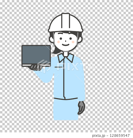 身穿工作服、頭戴頭盔、手持筆記型電腦的女子的插圖 128659547