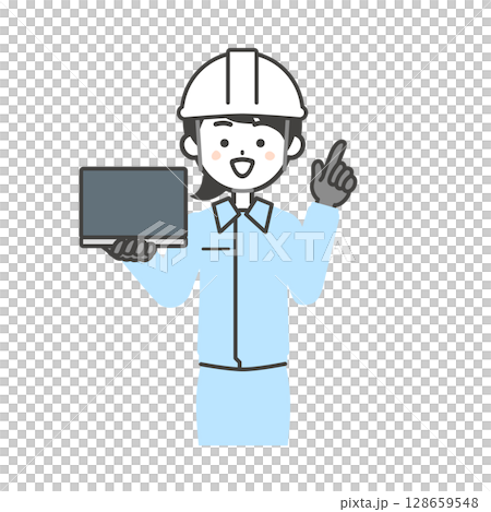 Illustration of a woman wearing work clothes and a helmet holding a laptop and pointing up 128659548