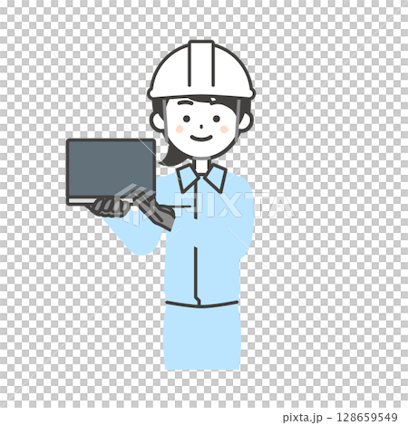 手に持ったノートパソコンを指す作業服を着てヘルメットをかぶった女性のイラスト 128659549