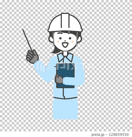 Illustration of a woman wearing work clothes and a helmet pointing at a document with a pointer Illustration of a woman wearing work clothes and a helmet pointing at a document with a pointer 128659550
