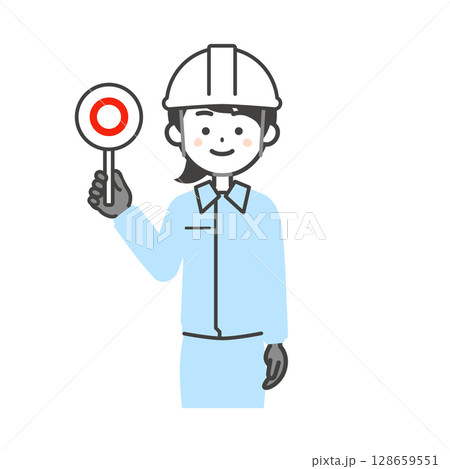 正解の札を持つ作業服を着てヘルメットをかぶった女性のイラスト 128659551