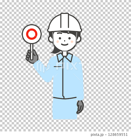 正解の札を持つ作業服を着てヘルメットをかぶった女性のイラスト 128659551