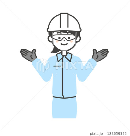 ゴーグルと手袋をつけてヘルメットをかぶった作業服姿の女性のイラスト 128659553