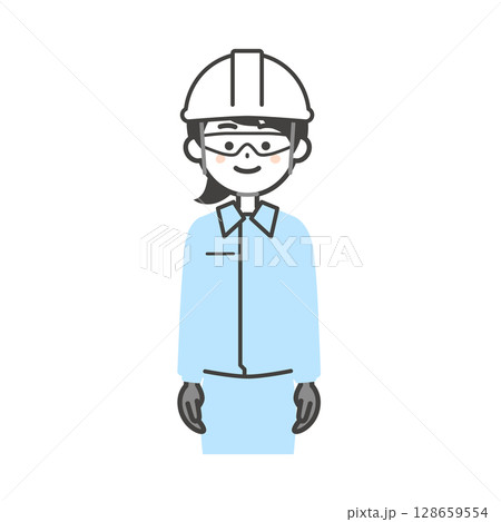 ゴーグルと手袋をつけてヘルメットをかぶった作業服姿の女性のイラスト 128659554