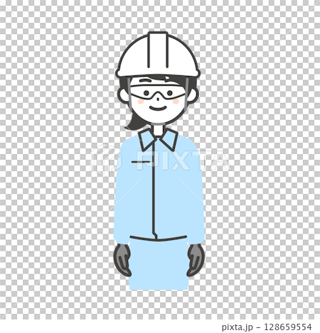 ゴーグルと手袋をつけてヘルメットをかぶった作業服姿の女性のイラスト 128659554