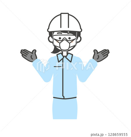 ゴーグルと手袋をつけてヘルメットをかぶりマスクをつけた作業服姿の女性のイラスト 128659555