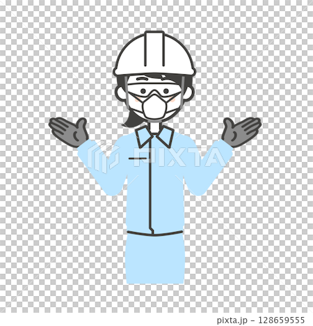 ゴーグルと手袋をつけてヘルメットをかぶりマスクをつけた作業服姿の女性のイラスト 128659555