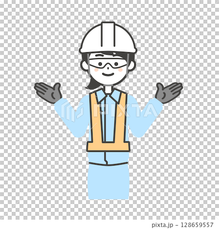 Illustration of a woman wearing goggles, gloves, a helmet, a safety vest and work clothes 128659557