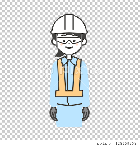Illustration of a woman wearing goggles, gloves, a helmet, a safety vest and work clothes 128659558