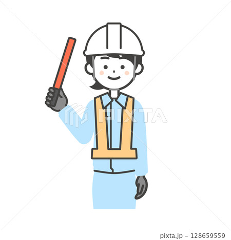 誘導棒を持つ作業服を着てヘルメットをかぶった女性のイラスト 誘導棒を持つ作業服を着てヘルメットをかぶった女性のイラスト 128659559