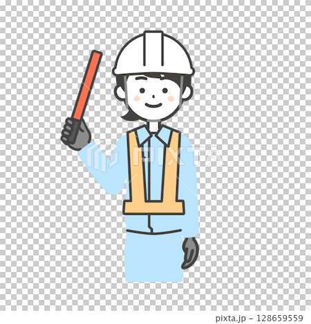 誘導棒を持つ作業服を着てヘルメットをかぶった女性のイラスト 誘導棒を持つ作業服を着てヘルメットをかぶった女性のイラスト 128659559