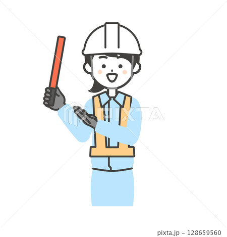誘導棒を持つ作業服を着てヘルメットをかぶった女性のイラスト 128659560