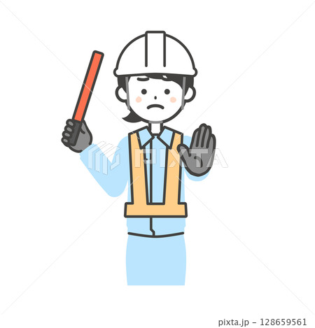 誘導棒を持って静止を促す作業服を着てヘルメットをかぶった女性のイラスト 128659561