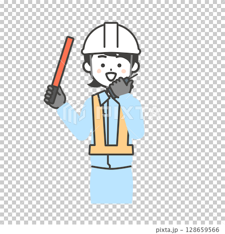 Illustration of a woman wearing work clothes and a helmet holding a guide wand and talking on a walkie-talkie 128659566