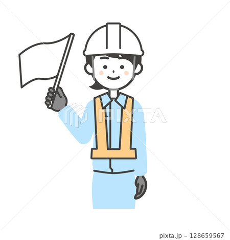 白旗をもって誘導する作業服を着てヘルメットをかぶった女性のイラスト 白旗をもって誘導する作業服を着てヘルメットをかぶった女性のイラスト 128659567