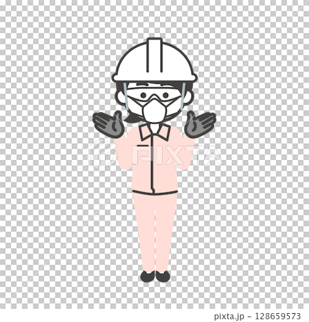 Illustration of a three-headed woman wearing work clothes, goggles, gloves, a helmet and a mask 128659573