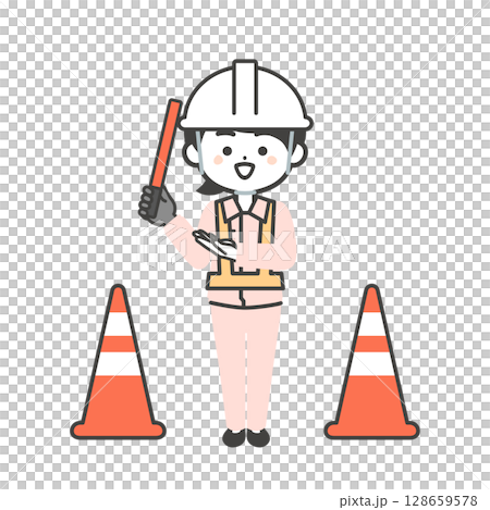 Illustration of a three-headed woman wearing work clothes and a helmet holding a guide stick 128659578