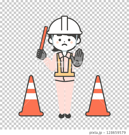 誘導棒を持ち停止を促す作業服を着てヘルメットをかぶった3頭身女性のイラスト 誘導棒を持ち停止を促す作業服を着てヘルメットをかぶった3頭身女性のイラスト 128659579