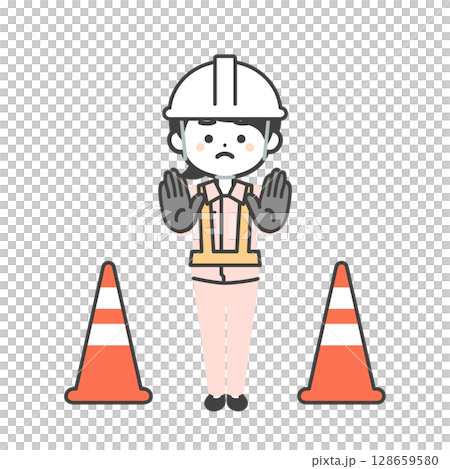 停止を促す作業服を着てヘルメットをかぶった3頭身女性のイラスト 128659580