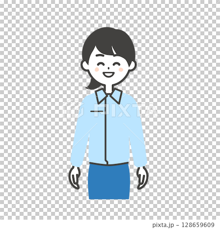 一位女士穿著工作服和笑衣的插圖 128659609