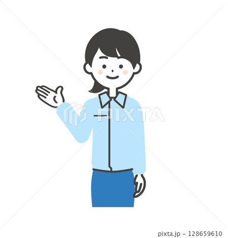 手で指し示すスーツの上に作業服を着た女性のイラスト 128659610