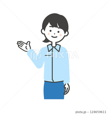手で指した方を見るスーツの上に作業服を着た女性のイラスト 128659611