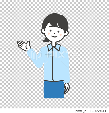 手で指した方を見るスーツの上に作業服を着た女性のイラスト 128659611