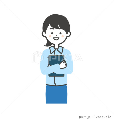 資料を抱きかかえるスーツの上に作業服を着た女性のイラスト 資料を抱きかかえるスーツの上に作業服を着た女性のイラスト 128659612