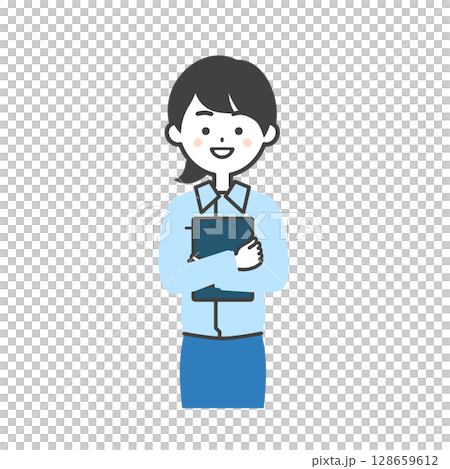 資料を抱きかかえるスーツの上に作業服を着た女性のイラスト 資料を抱きかかえるスーツの上に作業服を着た女性のイラスト 128659612